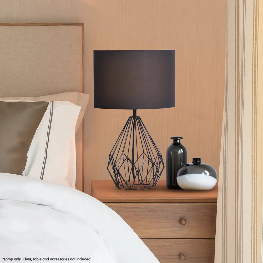 Sarantino Metal Wire Table Lamp in Black Finish With Black Drum Shade - Home & Garden > Lighting