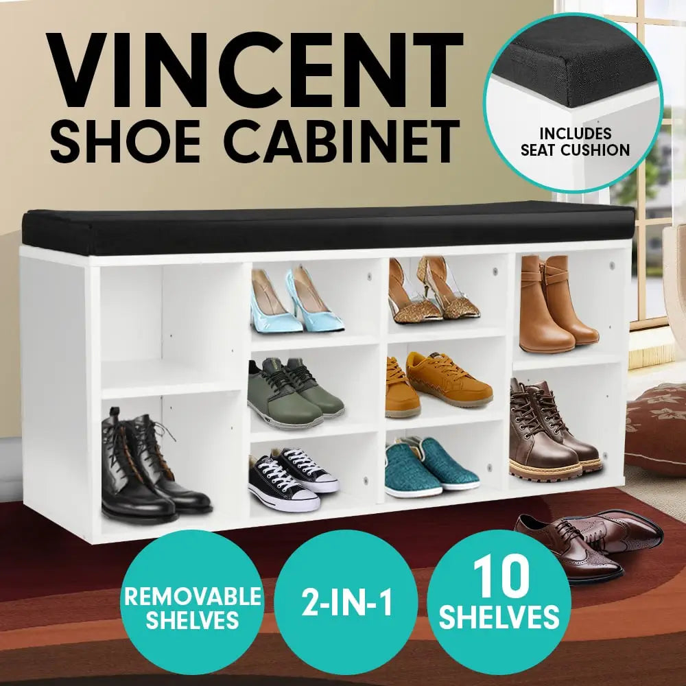 Sarantino New 10 Pairs Shoe Cabinet Rack Storage Organiser Shelf Stool Bench Wood - White - Furniture > Living Room