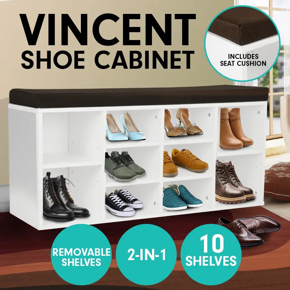 Sarantino Shoe Rack Cabinet Organiser Brown Cushion Bench Stool - 104 X 30 X 45 - White - Furniture > Living Room