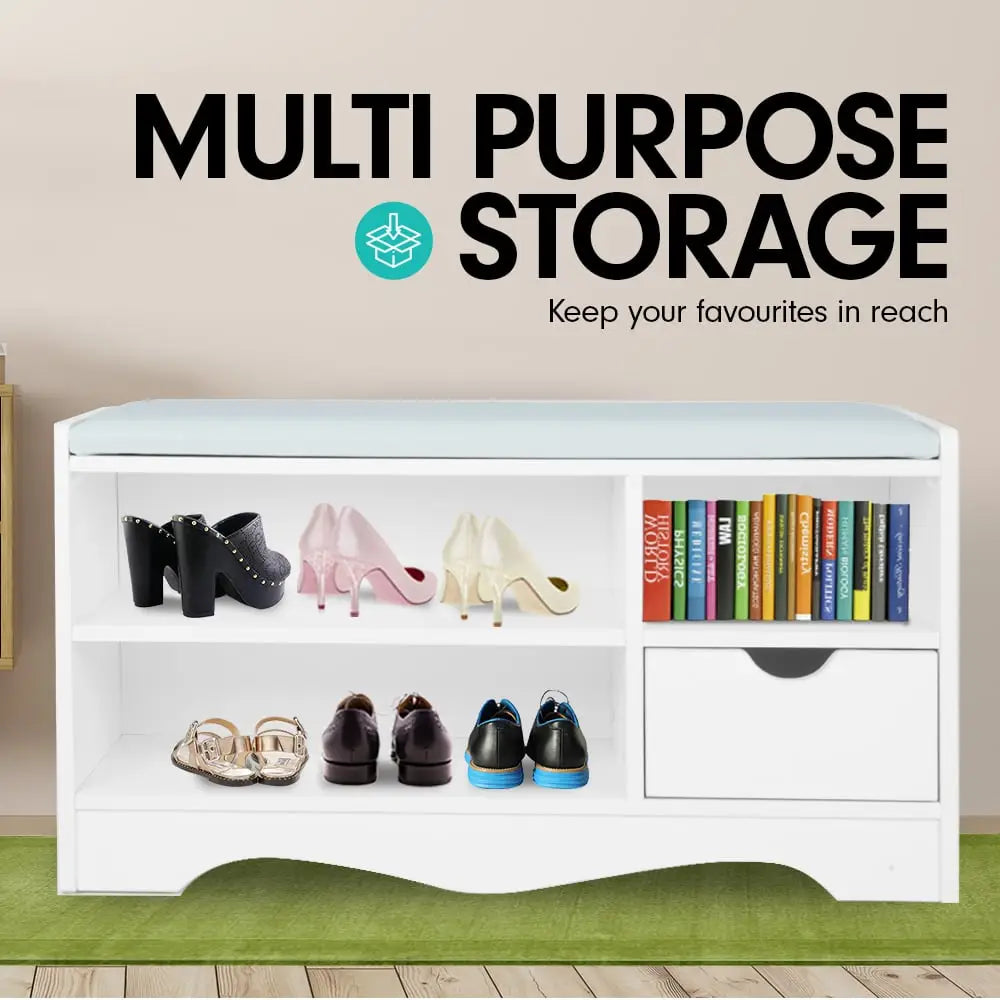 Sarantino Shoe Rack Cabinet Organiser Grey Cushion Stool Bench - 80 X 30 X 45 - White - Furniture > Living Room