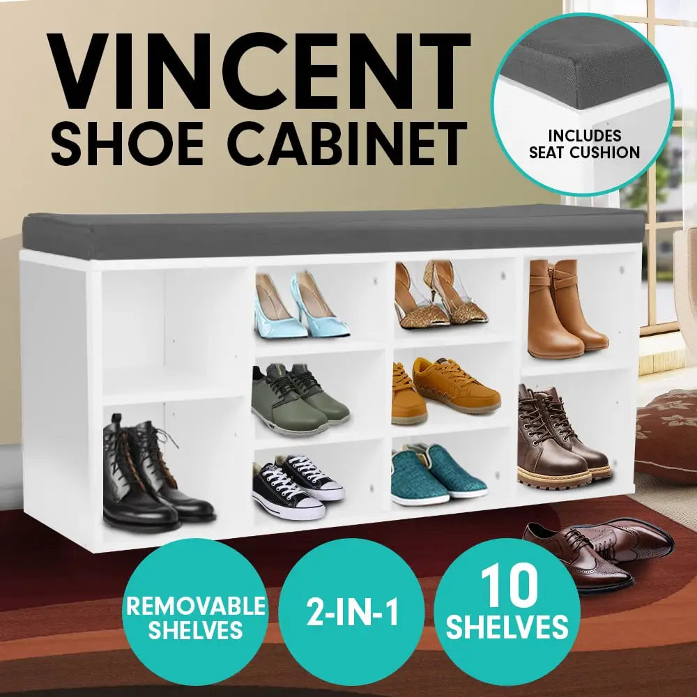 Sarantino Shoe Rack Cabinet Organiser Grey Cushion Sttol Bench Ottoman - 104 X 30 X 45 - White - Furniture > Living Room