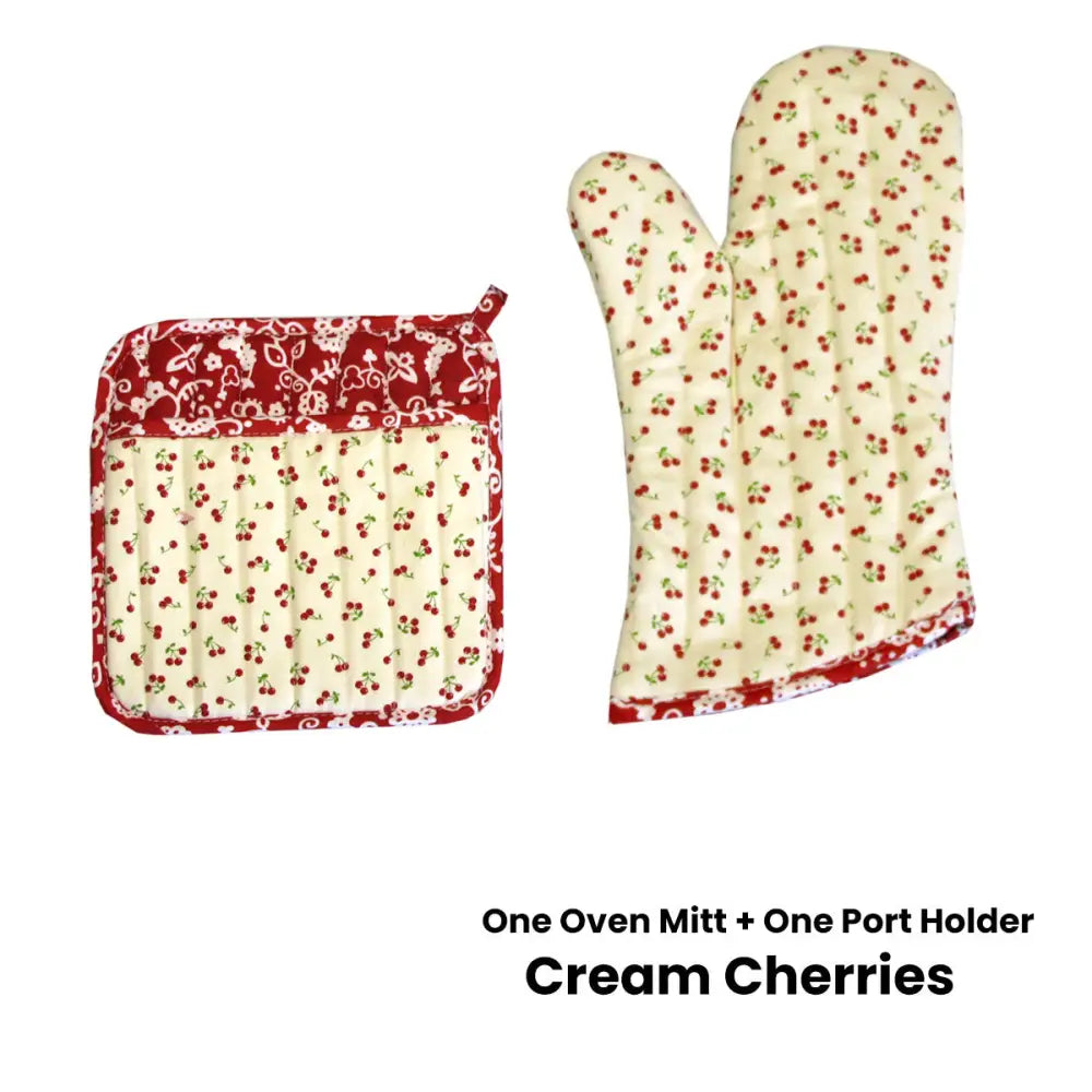 Set of 100% Cotton Printed Oven Mitt + Pot Holder Cream Cherries - Home & Garden > Kitchenware > Oven Mitts & Pot