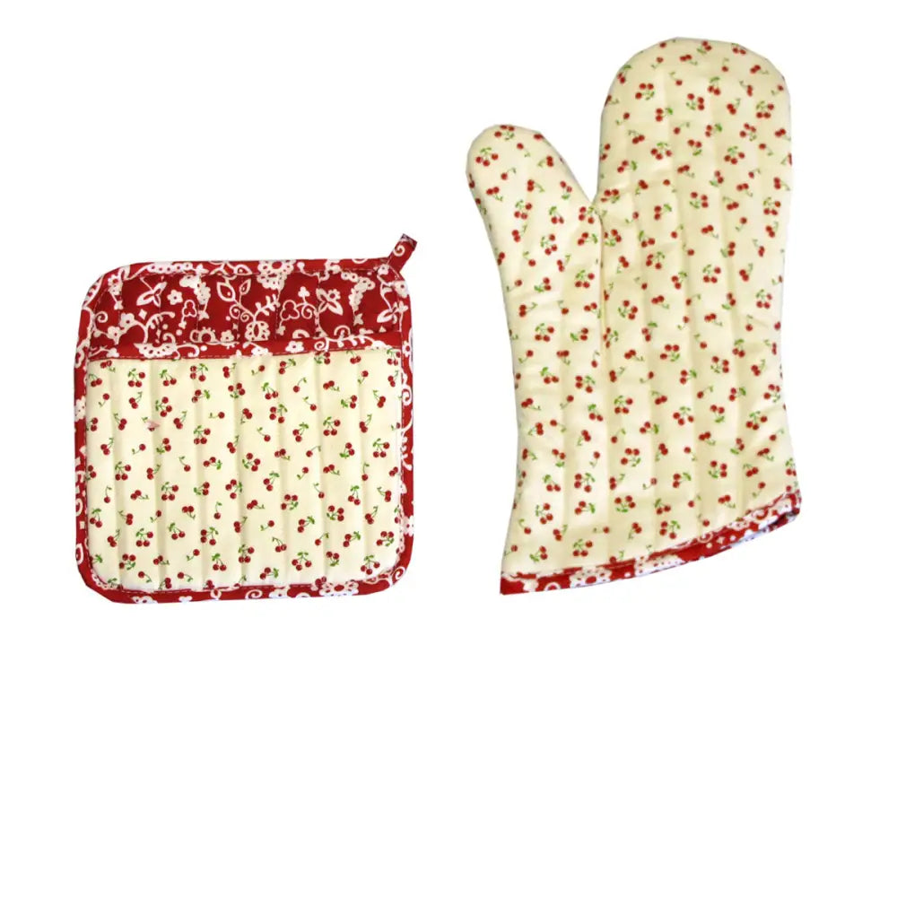 Set of 100% Cotton Printed Oven Mitt + Pot Holder Cream Cherries - Home & Garden > Kitchenware > Oven Mitts & Pot