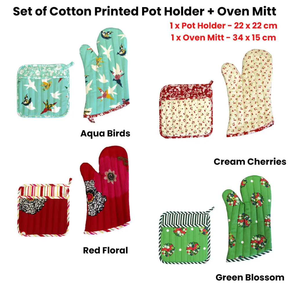 Set of 100% Cotton Printed Oven Mitt + Pot Holder Cream Cherries - Home & Garden > Kitchenware > Oven Mitts & Pot