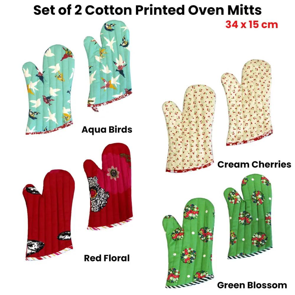 Set of 2 100% Cotton Printed Oven Mitts 34 x 15 cm Aqua Birds - Home & Garden > Kitchenware > Oven Mitts & Pot Holders