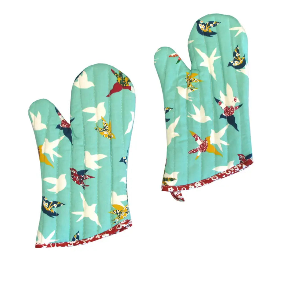 Set of 2 100% Cotton Printed Oven Mitts 34 x 15 cm Aqua Birds - Home & Garden > Kitchenware > Oven Mitts & Pot Holders