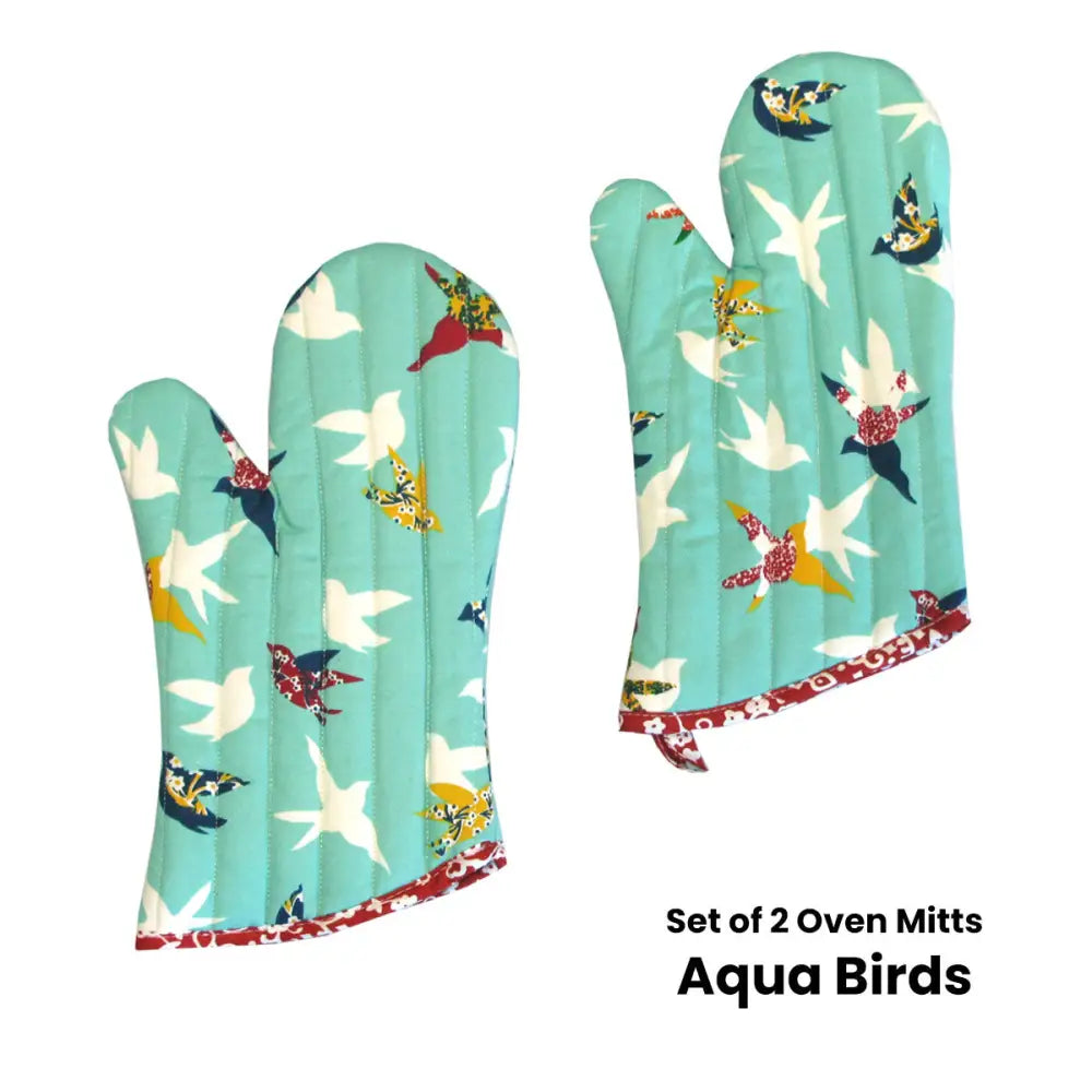 Set of 2 100% Cotton Printed Oven Mitts 34 x 15 cm Aqua Birds - Home & Garden > Kitchenware > Oven Mitts & Pot Holders