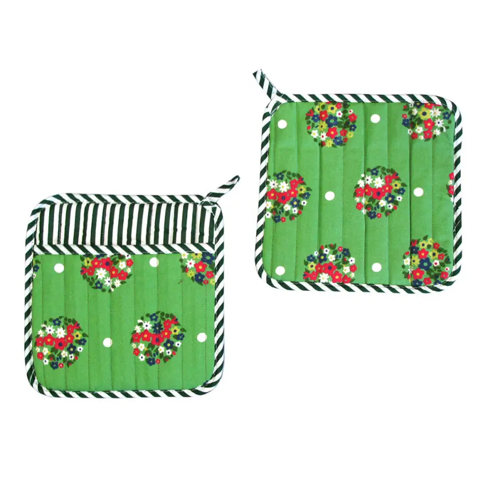 Set of 2 100% Cotton Printed Pot Holders 22 x 22 cm Green Blossom - Home & Garden > Kitchenware > Oven Mitts & Pot