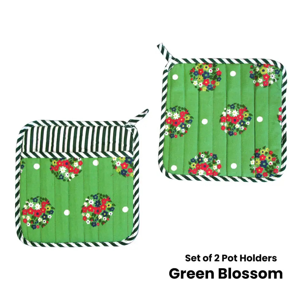 Set of 2 100% Cotton Printed Pot Holders 22 x 22 cm Green Blossom - Home & Garden > Kitchenware > Oven Mitts & Pot