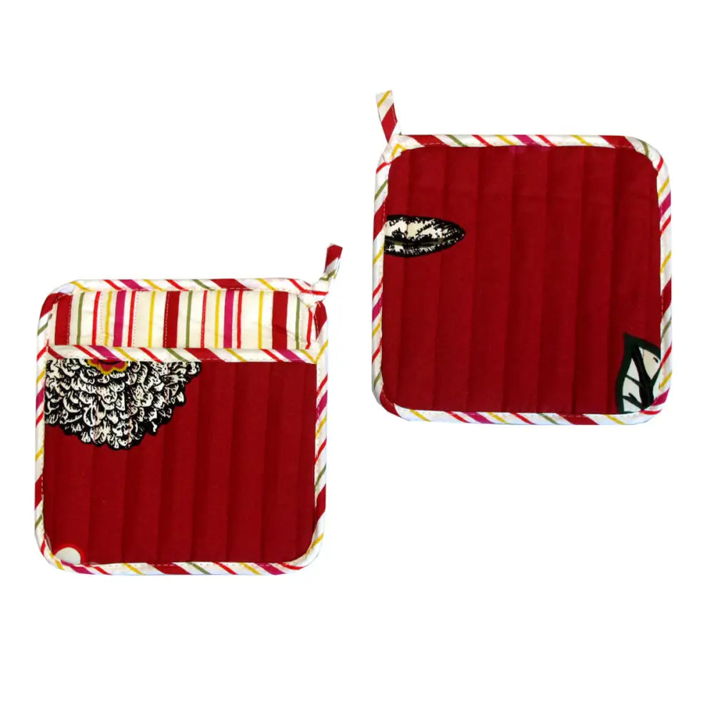 Set of 2 100% Cotton Printed Pot Holders 22 x 22 cm Red Floral - Home & Garden > Kitchenware > Oven Mitts & Pot Holders