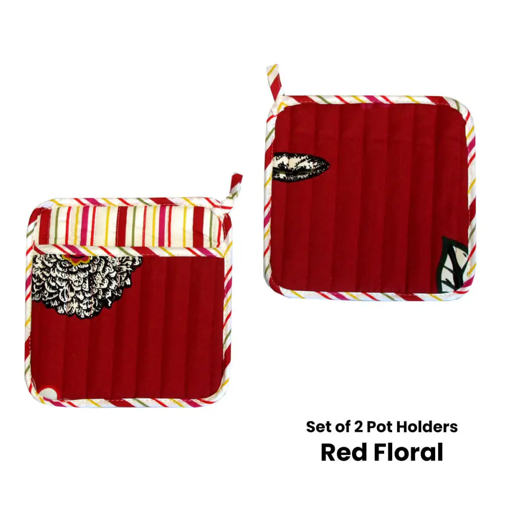 Set of 2 100% Cotton Printed Pot Holders 22 x 22 cm Red Floral - Home & Garden > Kitchenware > Oven Mitts & Pot Holders