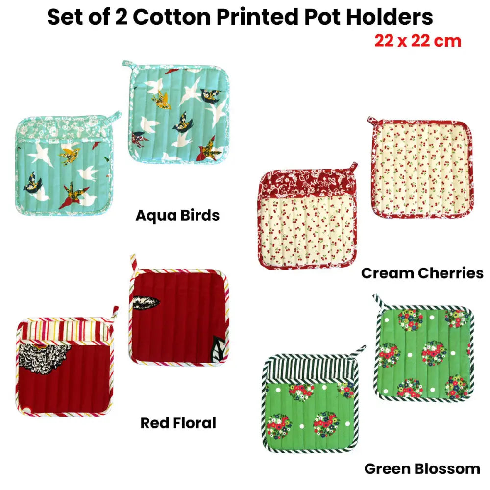 Set of 2 100% Cotton Printed Pot Holders 22 x 22 cm Red Floral - Home & Garden > Kitchenware > Oven Mitts & Pot Holders