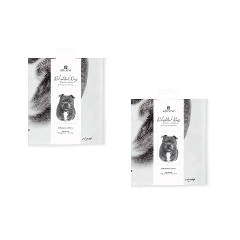 Set of 2 Delightful Dogs Cotton Kitchen Tea Towels 50 x 70 cm Staffy Terrier - Home & Garden > Kitchenware