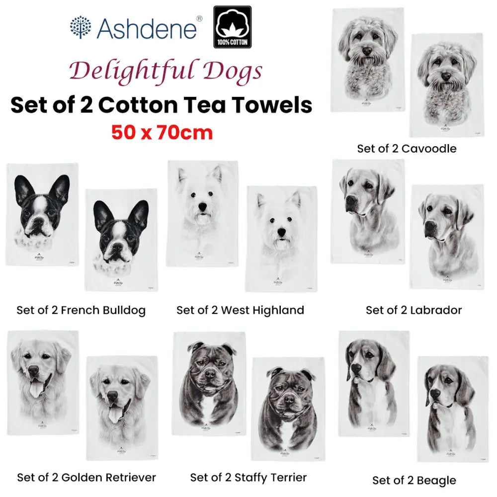 Set of 2 Delightful Dogs Cotton Kitchen Tea Towels 50 x 70 cm West Highland - Home & Garden > Kitchenware