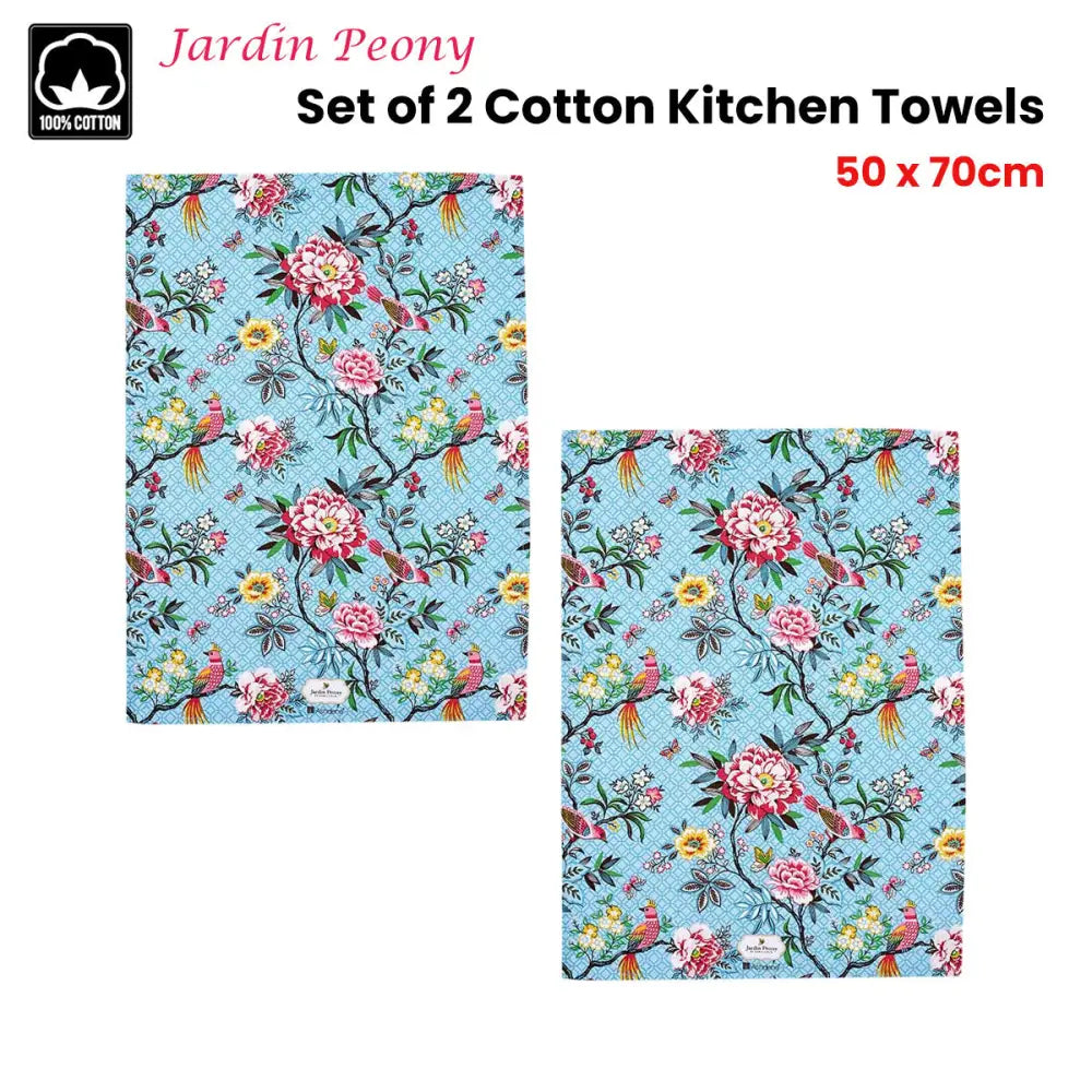 Set of 2 Jardin Peony Cotton Kitchen Tea Towels 50 x 70 cm - Home & Garden > Kitchenware