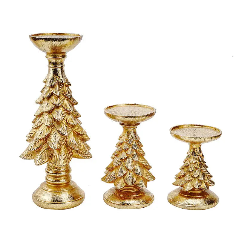 Set of 3 Gold Christmas Tree Candle Holders - Festive Resin Pillar Stands Elegant Holiday Decor - Occasions > Christmas