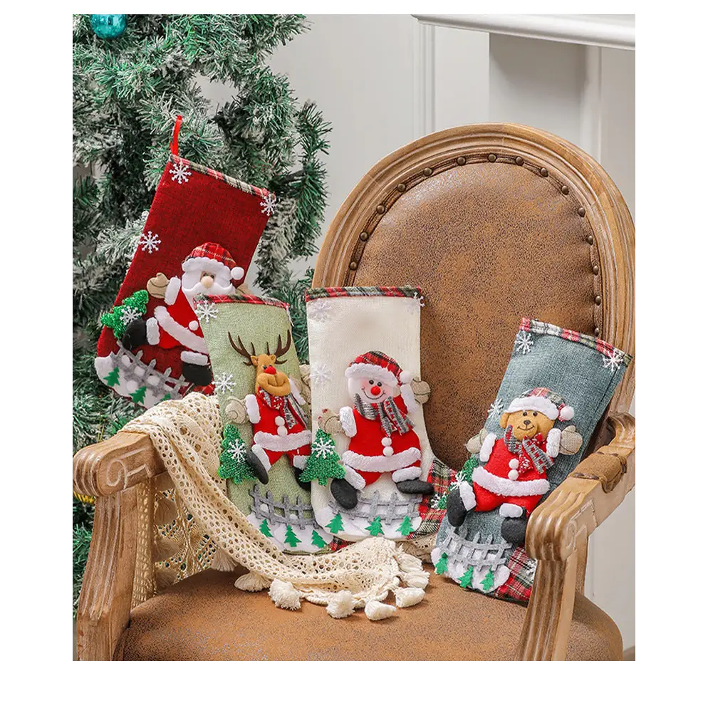 Set of 4 Christmas Stockings with Santa Reindeer Snowman and Teddy Bear - Holiday Mantel Decor - Occasions > Christmas