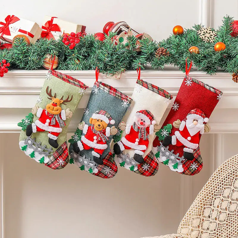 Set of 4 Christmas Stockings with Santa Reindeer Snowman and Teddy Bear - Holiday Mantel Decor - Occasions > Christmas