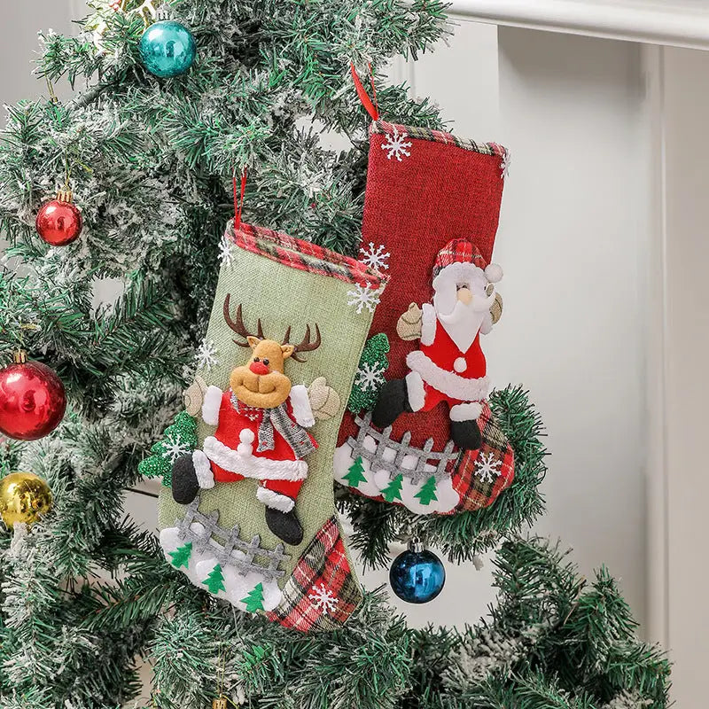 Set of 4 Christmas Stockings with Santa Reindeer Snowman and Teddy Bear - Holiday Mantel Decor - Occasions > Christmas