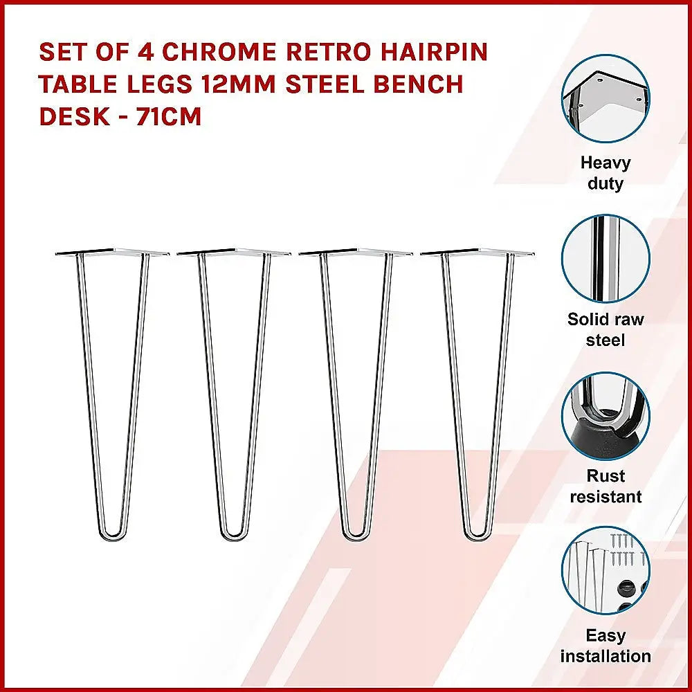 Set of 4 Chrome Retro Hairpin Table Legs 12mm Steel Bench Desk - 71cm - Furniture > Office