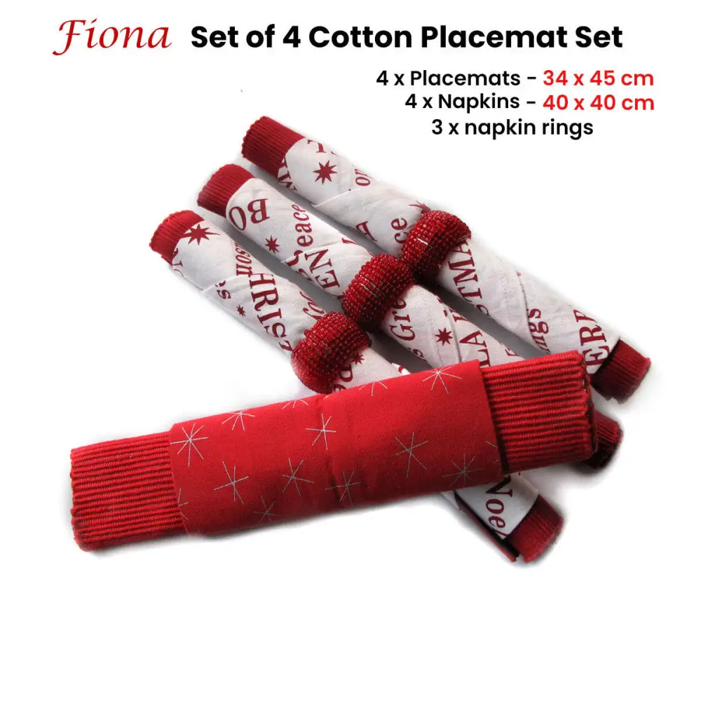 Set of 4 Fiona Cotton Placemats with Napkins and Napkin Rings Red White - Home & Garden > Kitchenware