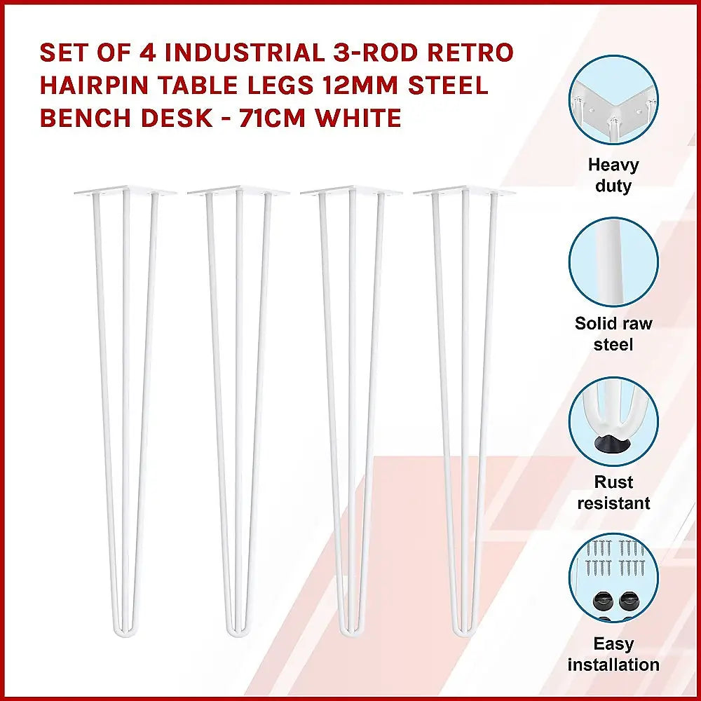 Set of 4 Industrial 3-Rod Retro Hairpin Table Legs 12mm Steel Bench Desk - 71cm White - Furniture > Office