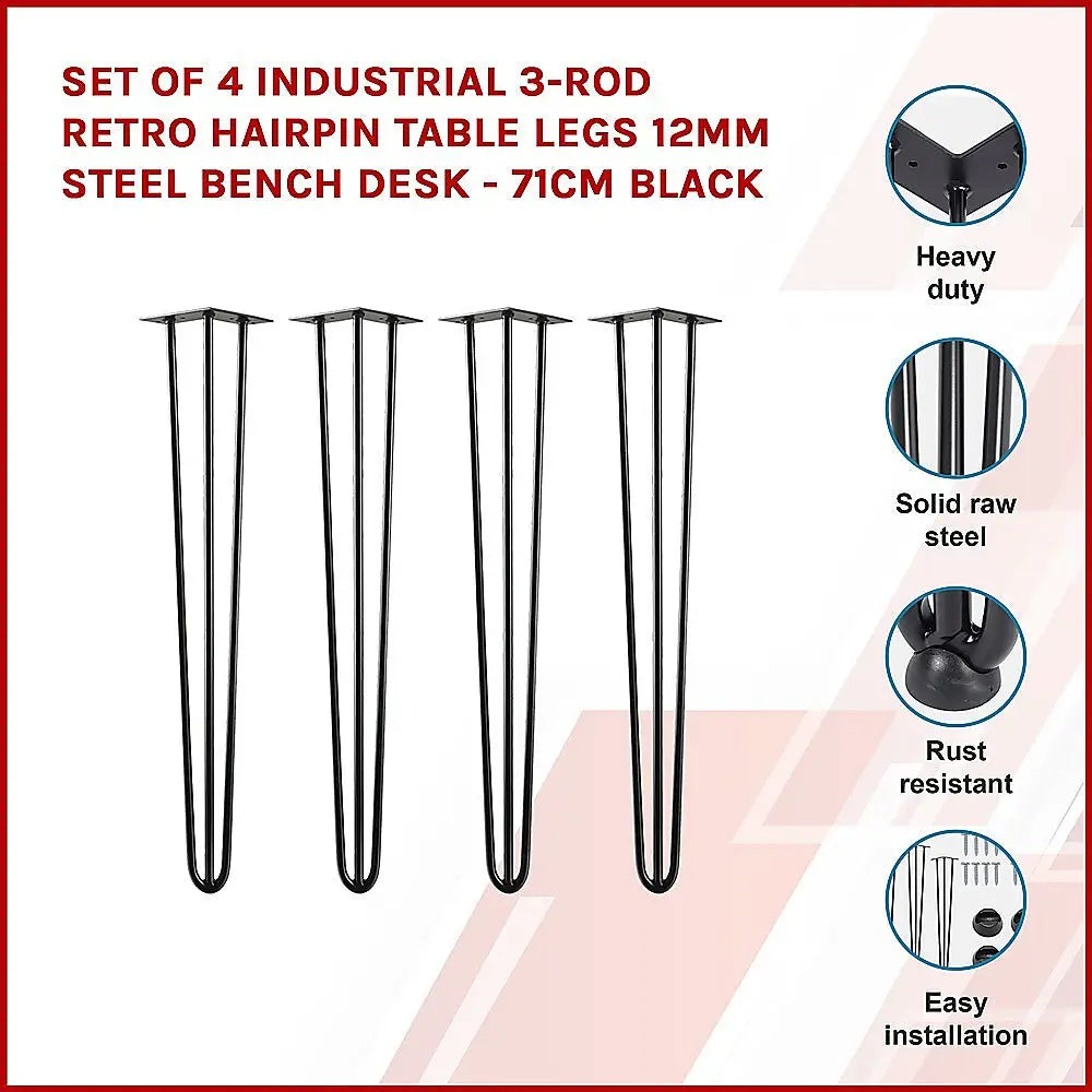 Set of 4 Industrial 3-Rod Retro Hairpin Table Legs 12mm Steel Bench Desk - 71cm Black - Furniture > Office