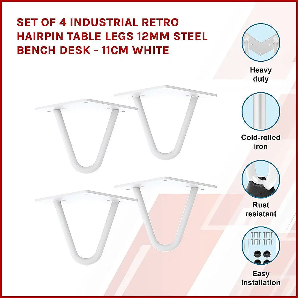 Set of 4 Industrial Retro Hairpin Table Legs 12mm Steel Bench Desk - 11cm White - Furniture > Office