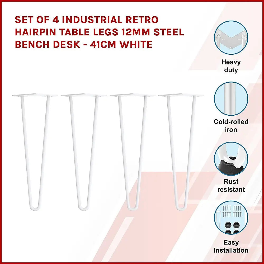 Set of 4 Industrial Retro Hairpin Table Legs 12mm Steel Bench Desk - 41cm White - Furniture > Office