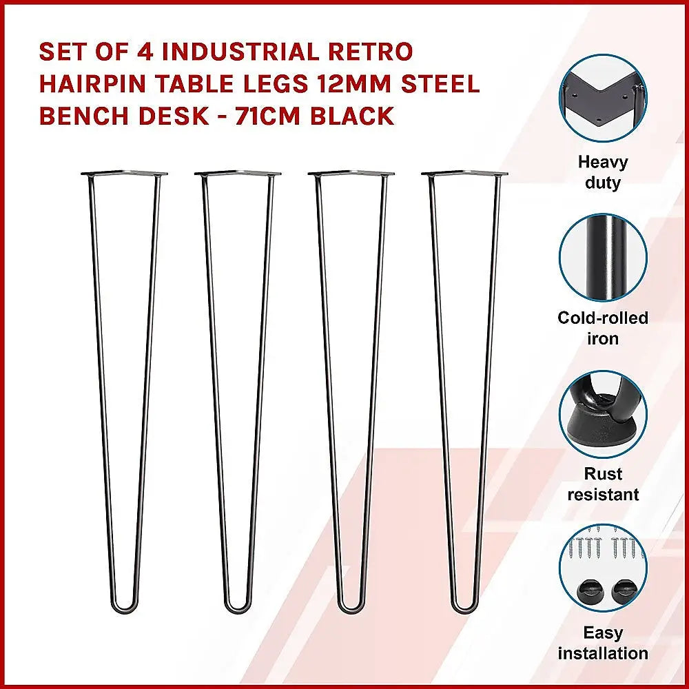 Set of 4 Industrial Retro Hairpin Table Legs 12mm Steel Bench Desk - 71cm Black - Furniture > Office