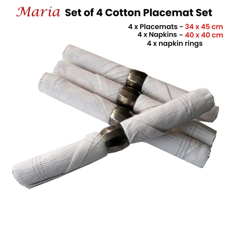 Set of 4 Maria Cotton Placemats with Napkins and Napkin Rings White - Home & Garden > Kitchenware
