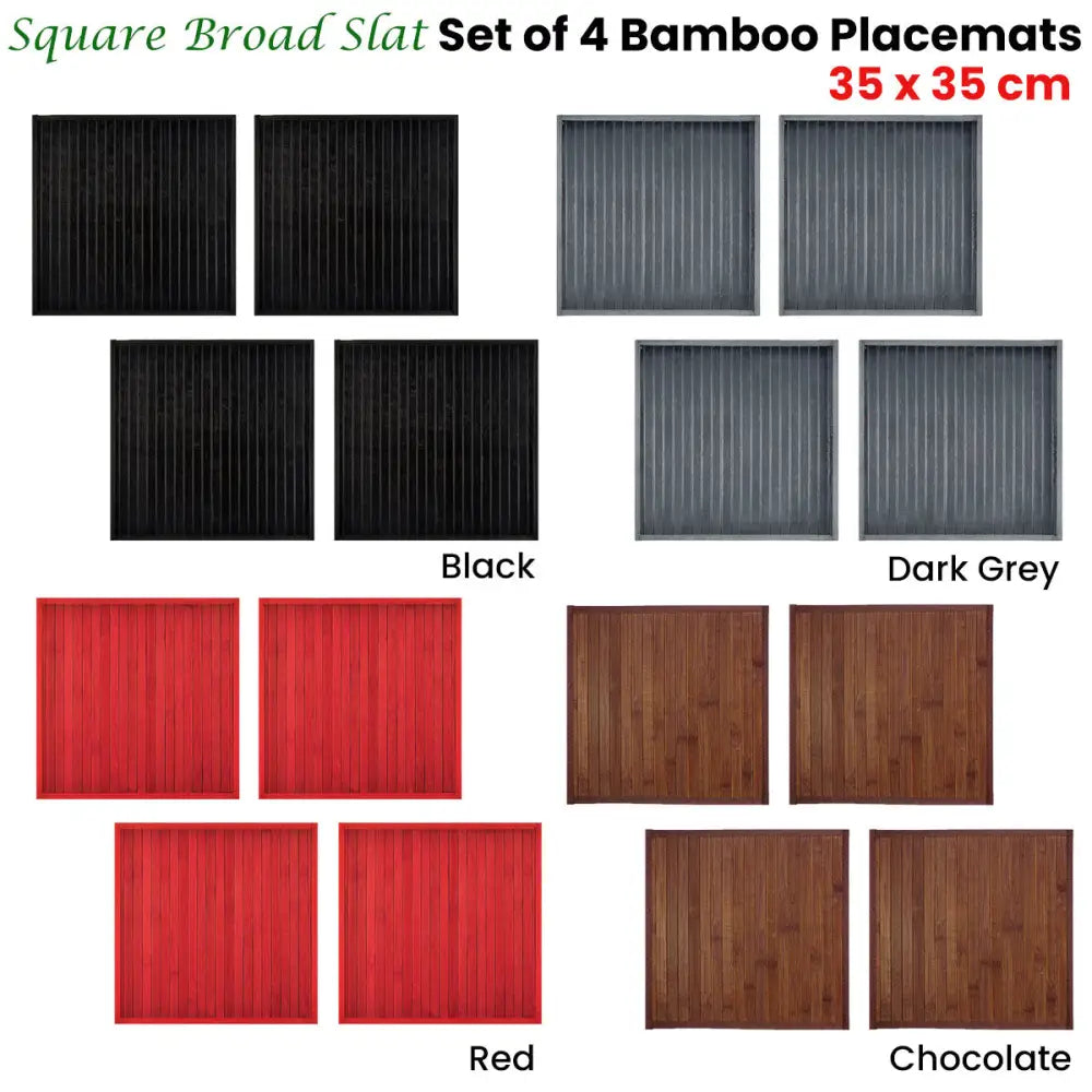 Set of 4 Square Broad Slat Bamboo Table Placemats 35 x 35cm Dark Grey - Home & Garden > Kitchenware