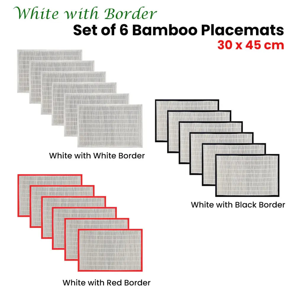 Set of 6 Bamboo Table Placemats White with Black Border 30 x 45cm - Home & Garden > Kitchenware