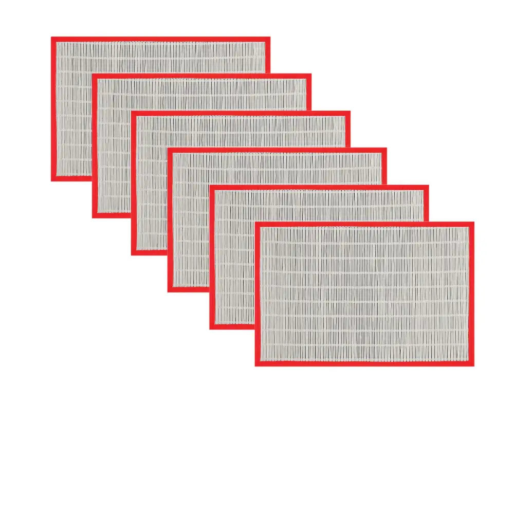 Set of 6 Bamboo Table Placemats White with Red Border 30 x 45cm - Home & Garden > Kitchenware