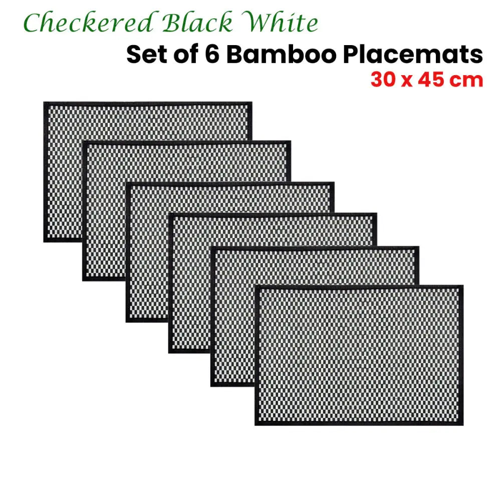 Set of 6 Checkered Black White Bamboo Table Placemats 30 x 45cm - Home & Garden > Kitchenware
