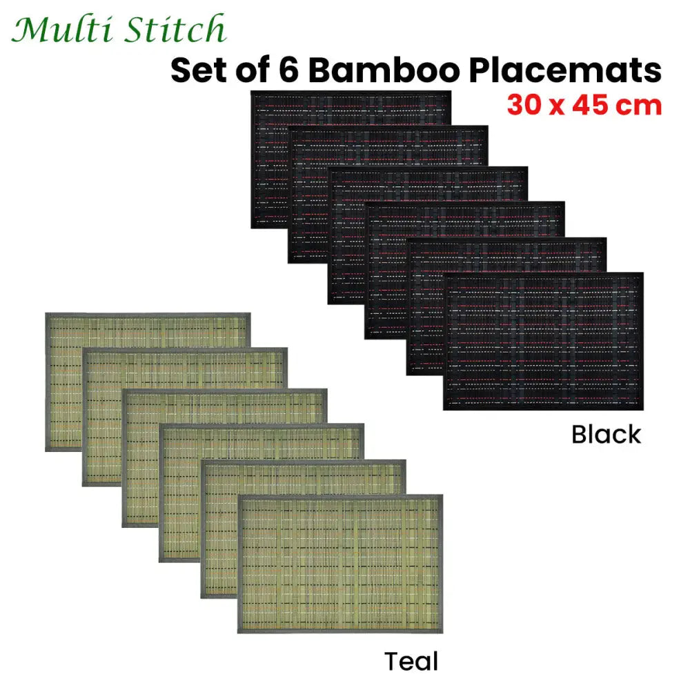 Set of 6 Multi Stitch Bamboo Table Placemats 30 x 45cm Teal - Home & Garden > Kitchenware
