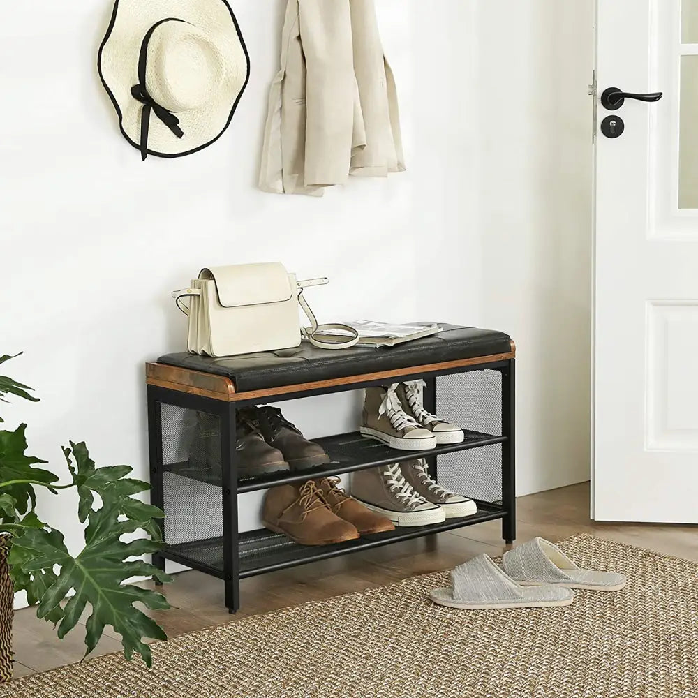 Shoe Bench with Mesh Shelf and Faux Leather Vintage Brown Black 80 x 30 x 48 cm - Furniture > Living Room