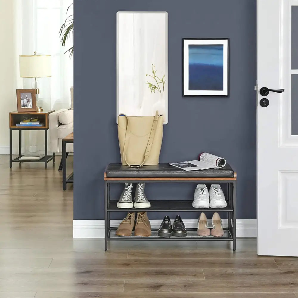 Shoe Bench with Mesh Shelf and Faux Leather Vintage Brown Black 80 x 30 x 48 cm - Furniture > Living Room