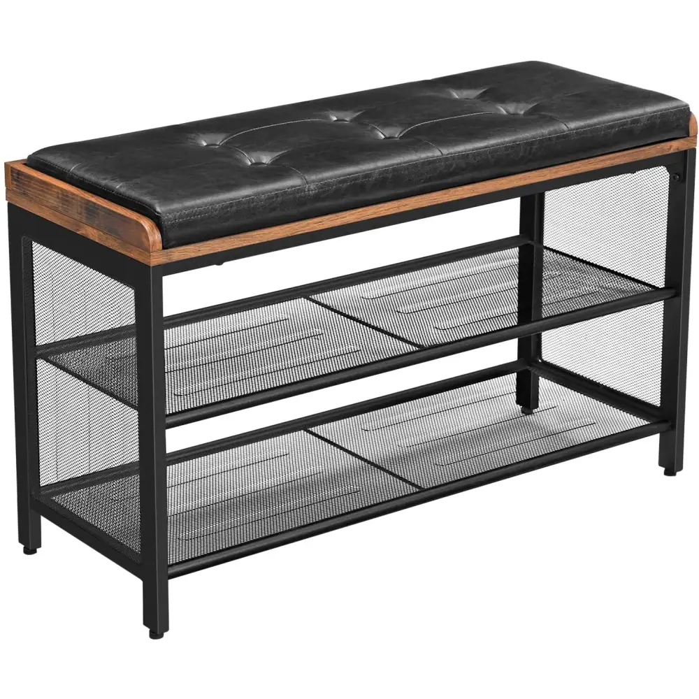 Shoe Bench with Mesh Shelf and Faux Leather Vintage Brown Black 80 x 30 x 48 cm - Furniture > Living Room