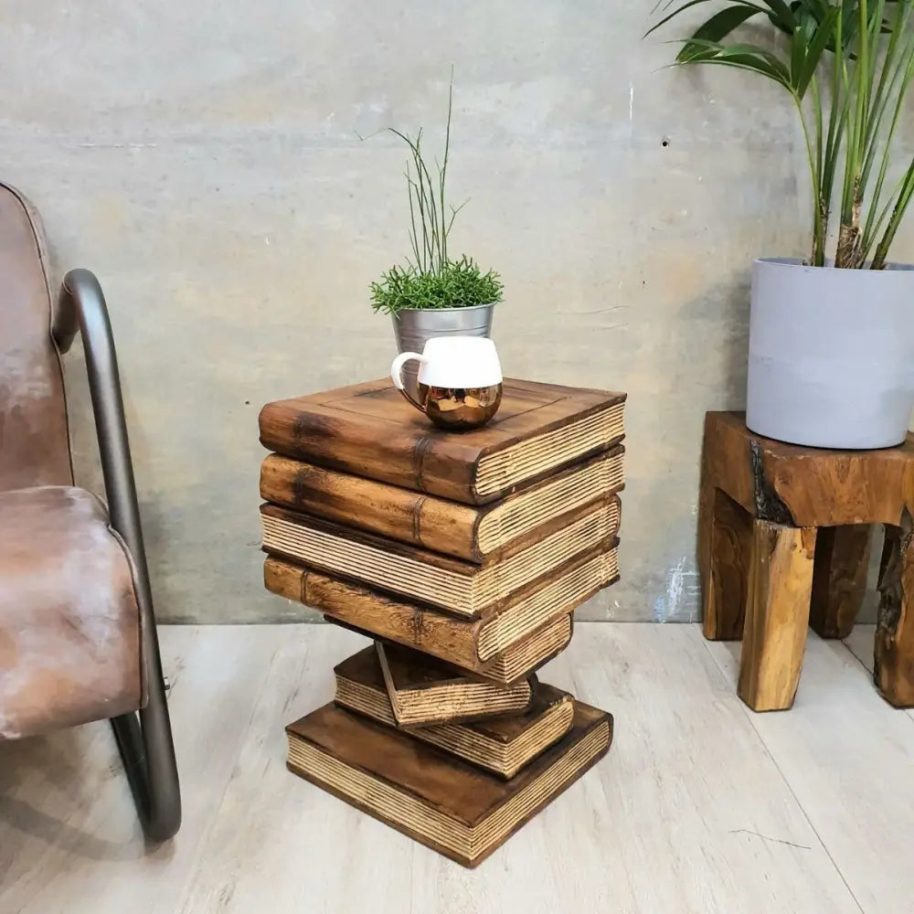 Side Table Book Stack Design w Storage Compartment Natural Burned - Home & Garden > Decor