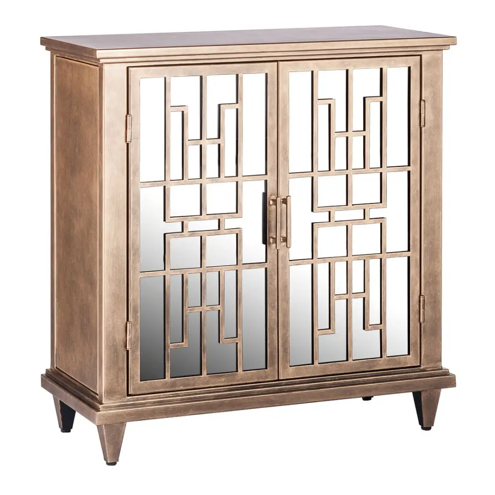 Sideboard Buffet Storage with Mirrored Glass Doors in French Brass Finish - Furniture > Dining