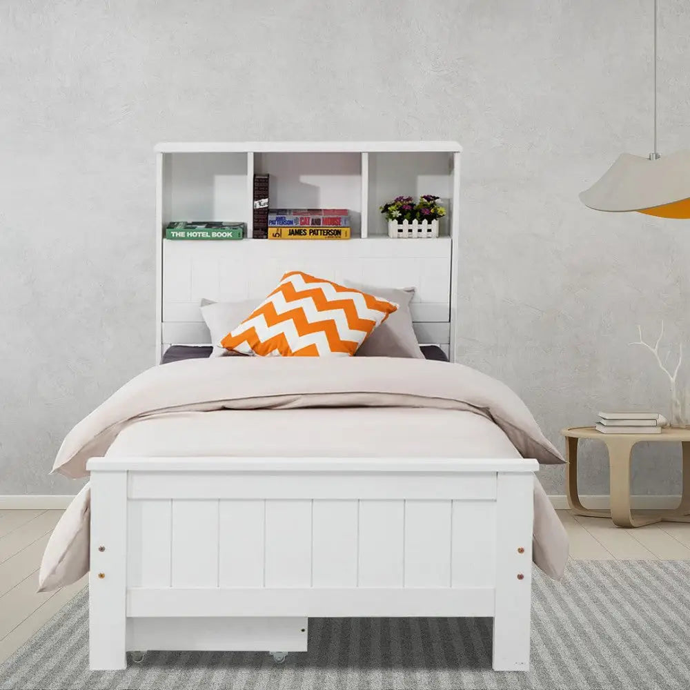 Single Size Solid Pine Timber Bed Frame with Bookshelf Headboard- White - Baby & Kids > Kid’s Furniture