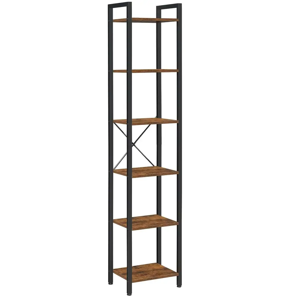 Small 6-Tier Industrial Bookshelf Rustic Brown Black - Furniture > Living Room