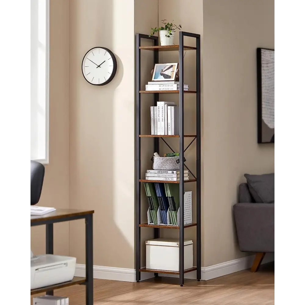 Small 6-Tier Industrial Bookshelf Rustic Brown Black - Furniture > Living Room