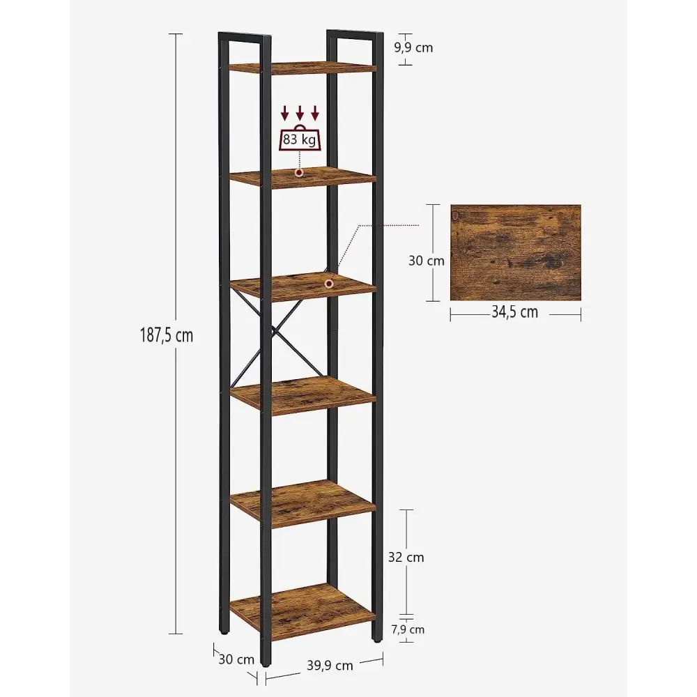 Small 6-Tier Industrial Bookshelf Rustic Brown Black - Furniture > Living Room