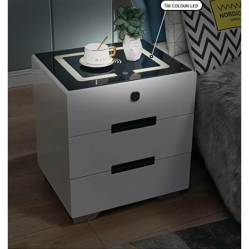 Smart Bedside Tables Finger Print Lock Side 3 Drawers Wireless Charging USB Nightstand LED AU - Furniture > Bedroom >