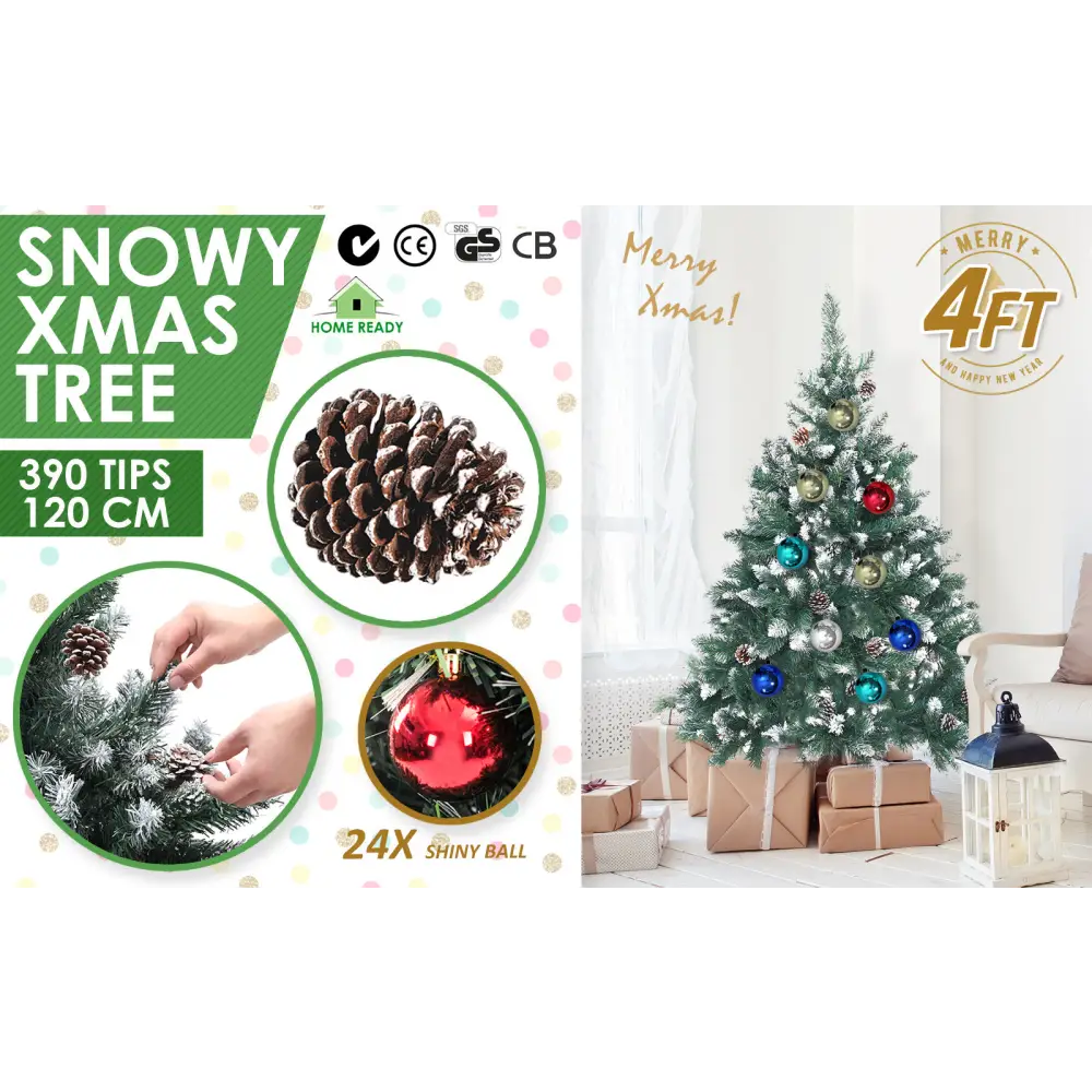 Snowy Christmas Tree Xmas Pine Cones 4Ft 120cm 390 tips + Bauble Balls - Occasions > Christmas > Christmas Trees