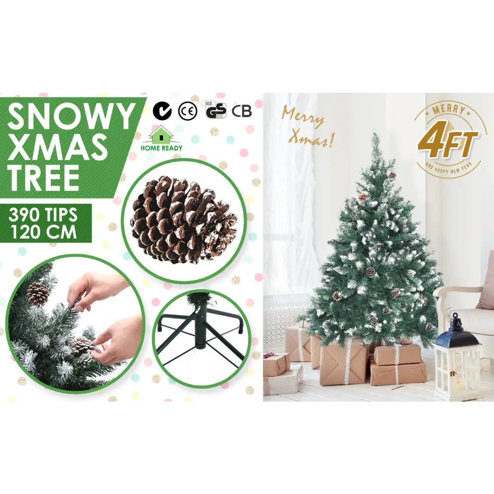 Snowy Christmas Tree Xmas Pine Cones 4Ft 120cm 390 tips GREEN - Occasions > Christmas > Christmas Trees