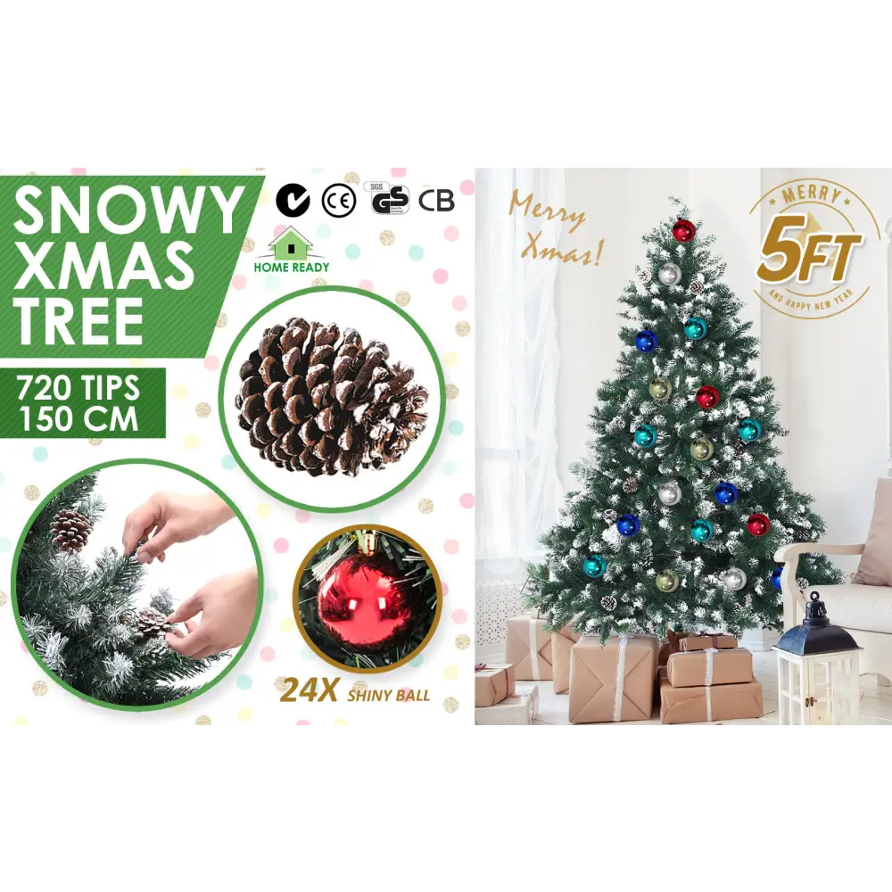 Snowy Christmas Tree Xmas Pine Cones 5Ft 150cm 720 tips + Bauble Balls - Occasions > Christmas > Christmas Trees