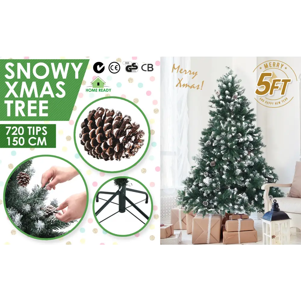 Snowy Christmas Tree Xmas Pine Cones 5Ft 150cm 720 tips GREEN - Occasions > Christmas > Christmas Trees